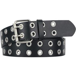 Grommet Leather Belts for Women, Black Belt Women Men with Double Holes (Fit for waist up to 45")
