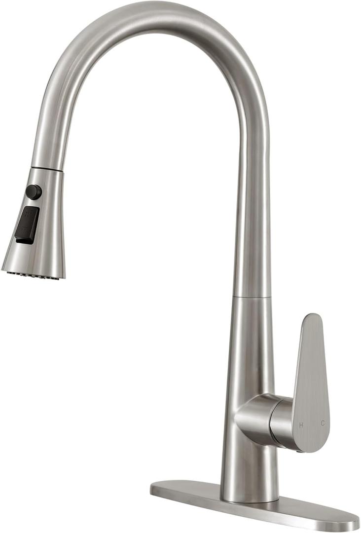 PUSU 18 inch High Brushed Nickel Kitchen Faucet with Pull Down Sprayer, Single Handle Nickel Kitchen Sink Faucet for RV Sink, Laundry, Bar Camper with Water Lines, Stainless Steel