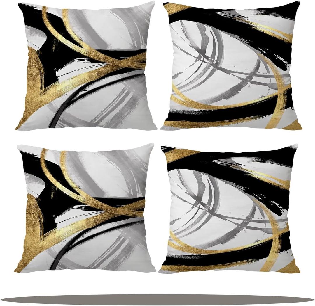 Black White and Gold Pillow Covers, 18 x 18 Inch Set of 4, Abstract Black and Gold Pillow Covers, Modern Boho Home Decor, Decorative Throw Pillows for Couch Living Room Bedroom