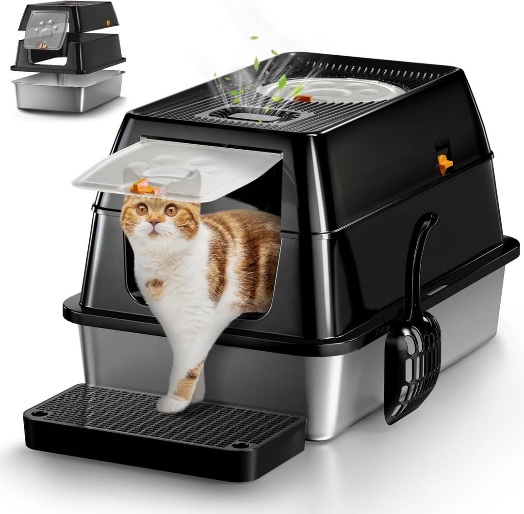 XL Stainless Steel Cat Litter Box with Lid, Extra Large Enclosed Litter Box for Big Cats, High Sided Metal Litter Pan with Removable Lid& Scoop, Odor Free, Easy Cleaning, Anti-Urine Leakage (Black)