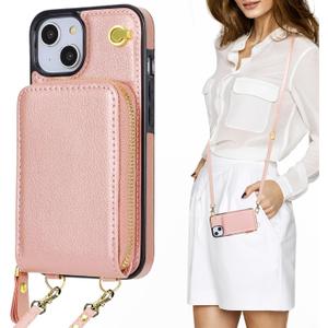 KIHUWEY Crossbody Wallet Case for iPhone 13 iPhone 14, Zipper Pocket Case with Card Holder, PU Leather RFID Protective Cover Case with Kickstand Detachable Wrist Strap Lanyard 6.1" (Rose Gold)