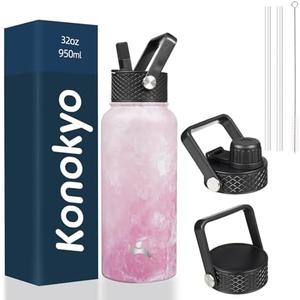 Konokyo 40 oz Insulated Water Bottle Stainless Steel Sport Bottles with 3 Lids, Marble Blossom