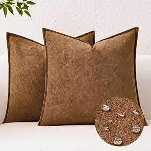 Kevin Textile Waterproof Decorative Pillow Covers Brown 20x20 Inch Pack of 2 Soft Boucle Textured Throw Pillowcases Elegant Accent Pillows for Couch Sofa Chair Bed Home Decor Indoor Outdoor