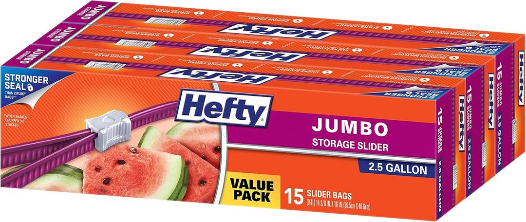Hefty Slider Jumbo Storage Bags, 2.5 Gallon Size, 3 Boxes of 15 Bags (45 Total)