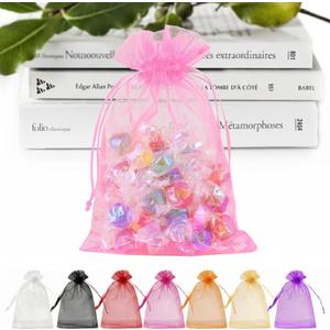 ANZNKU 50PCS Pink Organza Bags 5x7 in, Small Gift Bags Bulk for Jewelry Makeup Sachet Candy, Cute Small Mesh Goodie Bag Drawstring for Wedding Party Favor Baby Shower & Easter Gifts Wrap (1 count (Pack of 50))