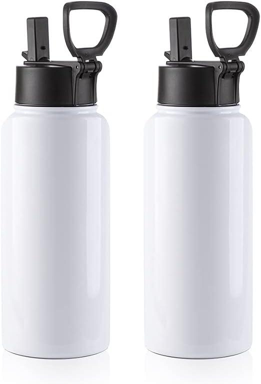 PYD Life 2 Pack Sublimation Blank Tumbler 32 OZ White Vacuum Flask Stainless Steel Sports Wide Mouth Water Bottle with Straw and Portable Handle