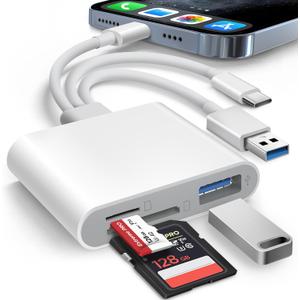 SD Card Reader for iPhone iPad Mac Trail Game Camera Viewer Built-in 3-in-1 Connector (Lightening, USB-C and USB-A) with SD MicroSD USB-A 3 Slots, Portable No App Required Plug & Play - White