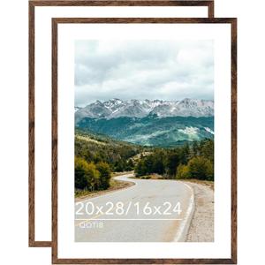 Wood 20x28 Picture Frame with 16x24 Mat, Display 16x24 with Mat or 20x28 Without Mat, Wood 20 by 28 Photo Frame, 20 x 28 Frame for Wall Hanging Display, Deep Brown, 2 Pack