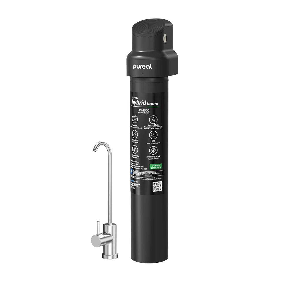 Pureal Hybrid Home PPU-1700D Under Sink Water Filter System with Faucet, 20K Gallons, NSF/ANSI 42&372, Mineral Sediment Carbon Block KDF Polyphosphate Filter for Scale & Lead & Chlorine (17inch)