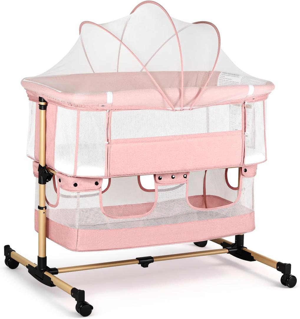 Baby Bassinet, 3 in 1 Infant Bassinet Bedside Sleeper, Bassinet with Cover, Rocking Bedside Bassinet for Baby with Storage Basket, Foldable & Adjustable Travel Crib (Light Pink)