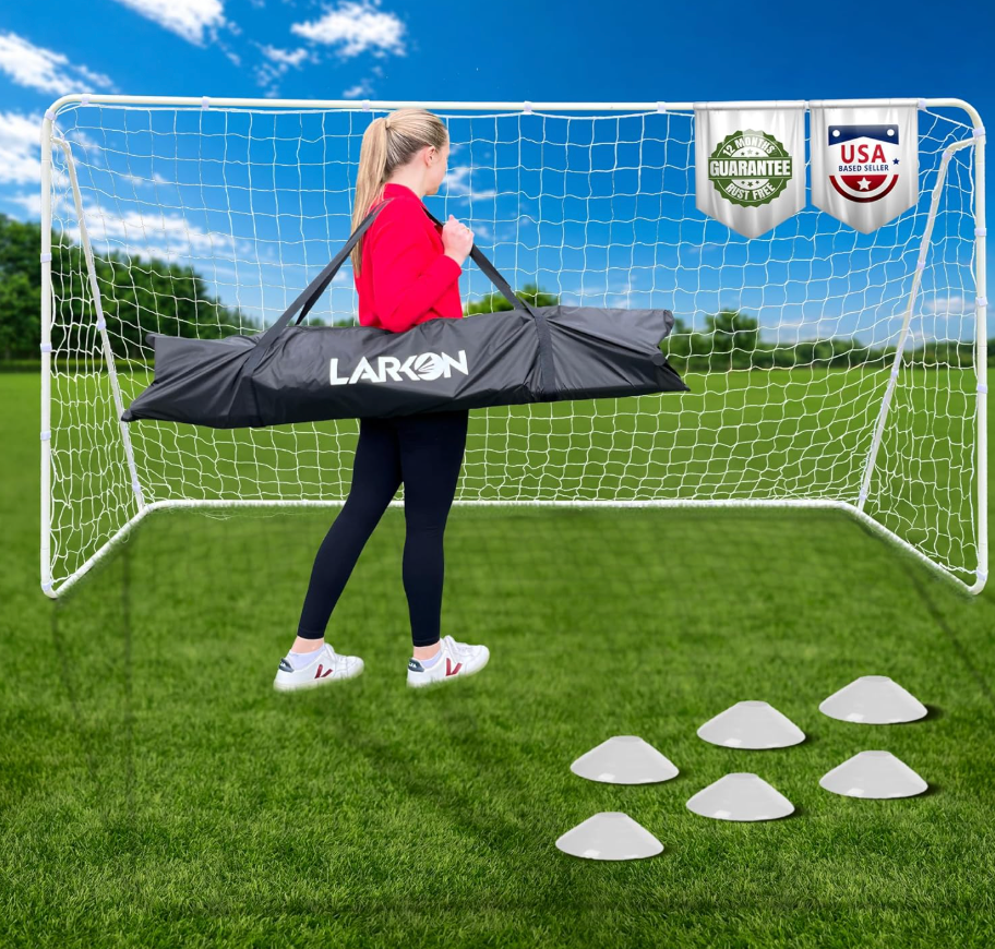 Soccer Goal 12×6 – Larkon – Backyard, Training and Tournament Size – Durable Rust-Free Steel Frame for Kids and Adults – with Net, Cones, Storage Bag, Stakes and Easy Assembly