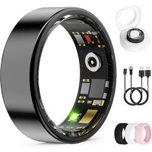 Smart Ring for Women & Men, Health Tracker Ring with Heart Rate, Blood Oxygen,Blood Pressure, IP68 Waterproof Fitness Ring, Sleep Tracker for iPhone and Android, No APP Fee (Black, 13#)