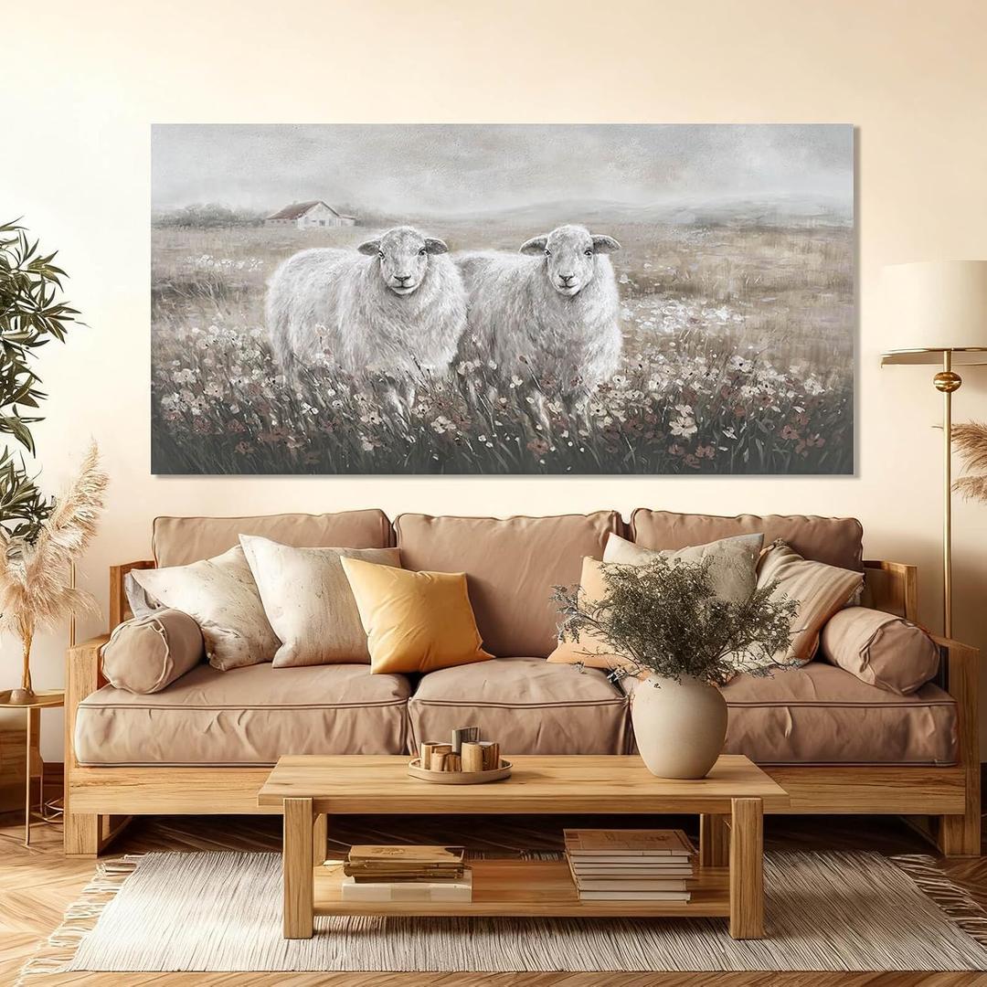 YETHEN WAL Extra Wide Panoramic Country Meadow Canvas Wall Art, Printed Sheep Landscape Artwork, Neutral Rustic Wall Decor for Great Room Living Room, Over Sectional, 29x58 Inch