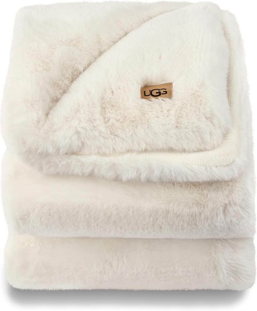 UGG Euphoria Plush Faux Fur Throw Blanket Medium Weight Reversible Luxury Soft Throw for Couch Bed or Chair Hypoallergenic Machine Washable Home Decor Fluffy Blanket, 50-inch x 70-inch, White Snow