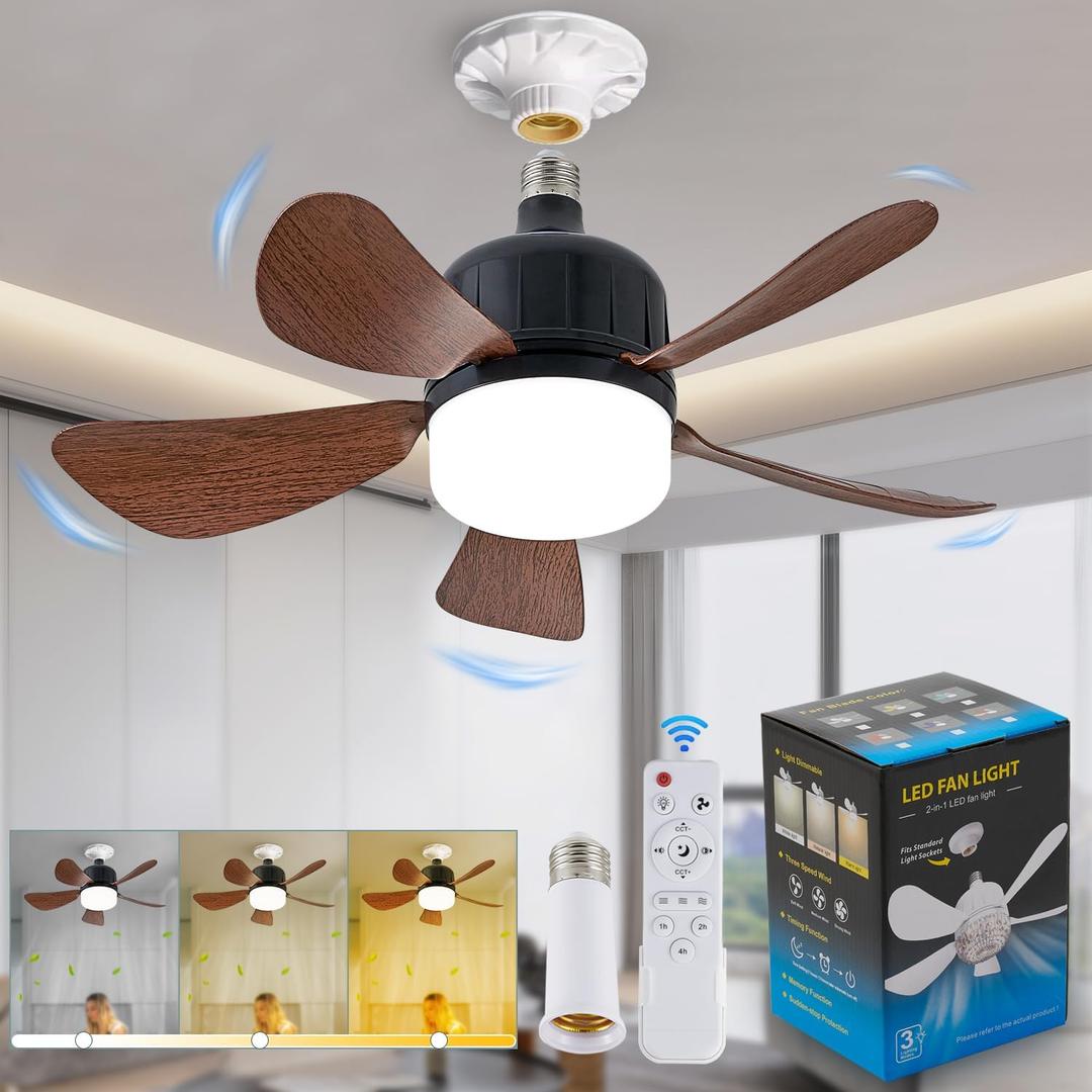 Socket Fan Light with Remote, 18" Wood Dimmable LED Small Ceiling Fans with Lights, 3 Colors 3000K-6500K Replacement Light Bulb Fan for Bedroom Kitchen Living Room Garage