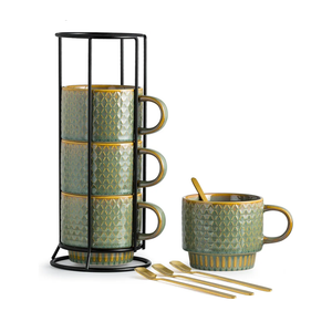 LYEOBOH Coffee Mug, Coffee Mugs Set of 4, Stackable Coffee Mugs with Rack and Spoons - 13 Oz Cup Set with Stand, Ceramic Mugs for Home & Kitchen, Blue and Green