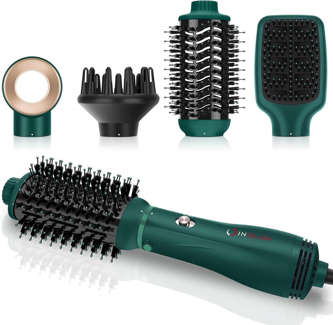 IG INGLAM Hair Dryer Brush, 4-in-1 Detachable Blow Dryer Brush, Ionic Diffuser Hair Dryer & Styler Volumizer with Oval Titanium Barrel, One-Step Hot Air Blowout Styler, Dark Green