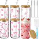6 Pcs Pink Coquette Bow Glass Cups with Lids and Straws 16oz Cute Cherry Tumbler Bulk Reusable Can Shaped Drinking Glasses for Spring Mothers Day Gifts Party Supplies