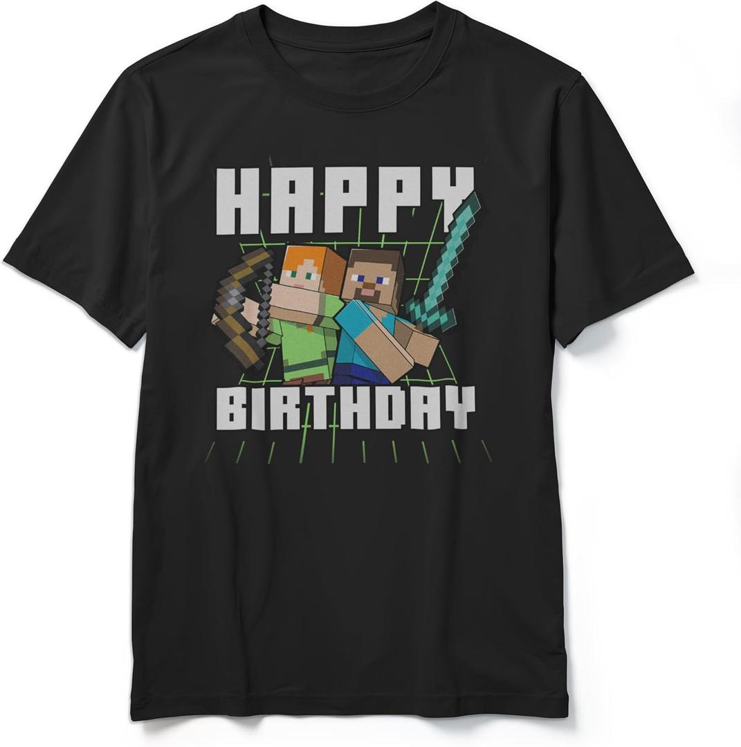 Boy's Minecraft Happy Birthday Steve and Alex T-Shirt (XS, Black)