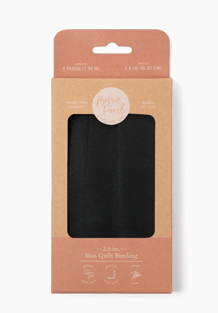 2.5 inch Wide Bias Quilt Binding, Premium Cotton, 8 Yards, Extra Wide bias Tape, 1/2 Double fold, Quilting, Sewing, Solid, 1 inch, Fabric Tape, White, Seam Binding, Blanket, Black (Black)