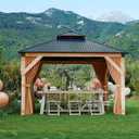 GarveeLife Hardtop Wood Gazebo for All Weather, with Double Metal Roof, Heavy Duty Wooden Frame, Net, and Curtain, Permanent Building for Patio, Deck, Backyard, Lawn, and Garden, Gray  15.7*11.8ft