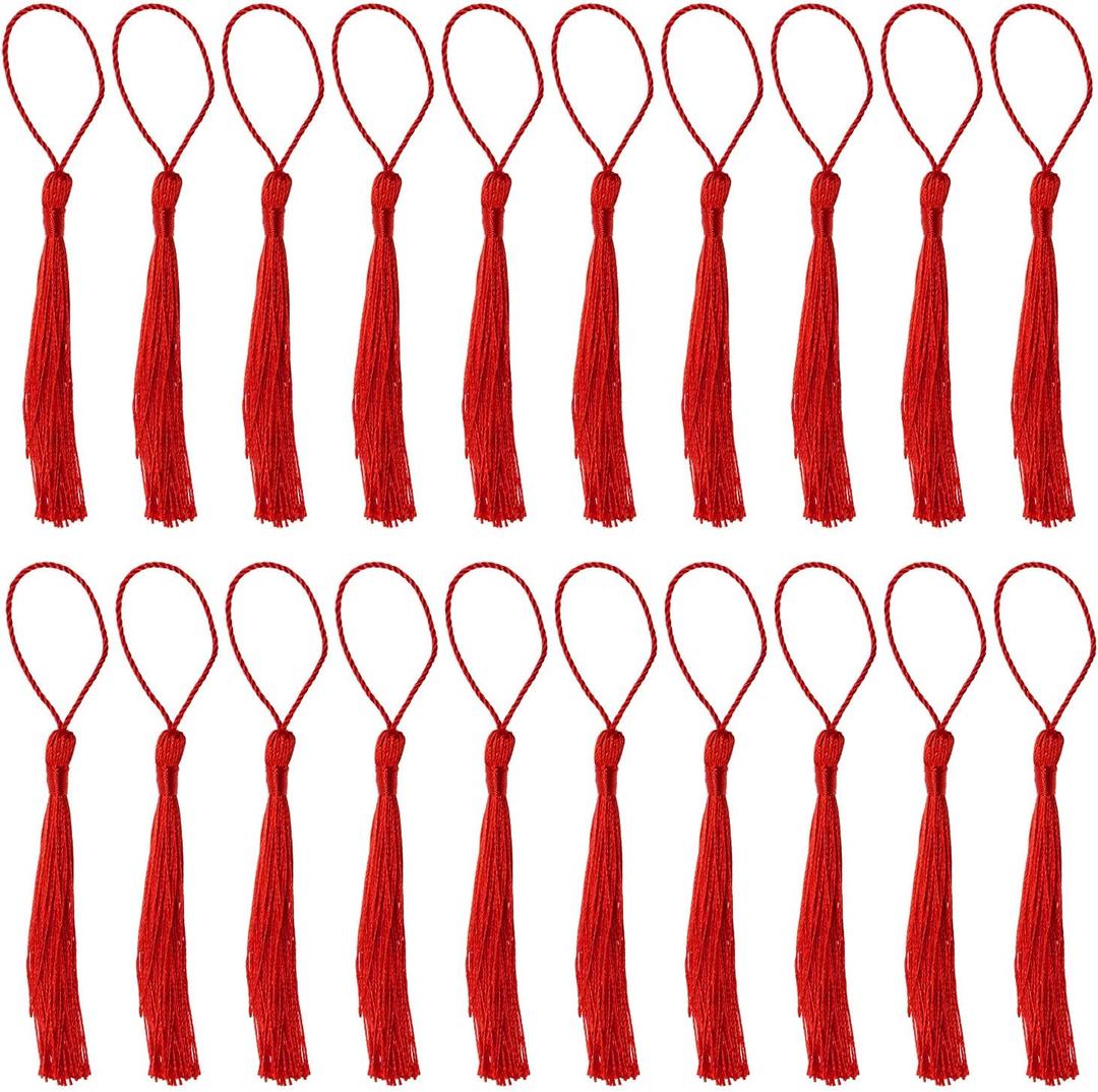 Tupalizy Mini Silky Handmade Soft Flossy Bookmark Tassels with Cord Loop for Keychain Earring Jewelry Making, Souvenir, Graduation, Clothing Sewing, Gift Tag DIY Craft Projects, 20PCS (Red)