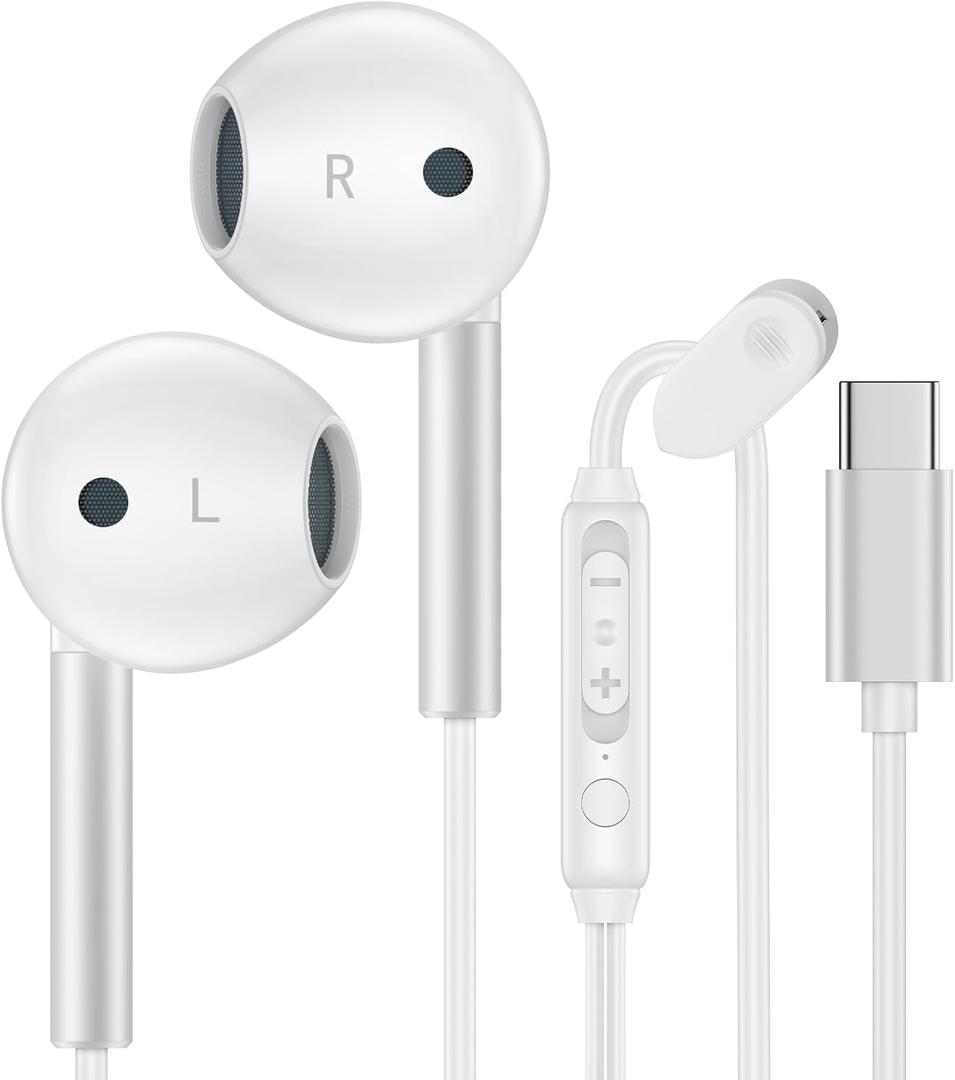 Samsung USB C Headphones for Galaxy S26 S25 Ultra Edge S25+ S24 FE S23 S22 S21 A17 A16 A54 A15, USB Type C Earphones with Microphone USB C Wired Earbuds for iPhone 17 16e 16 15 Pro Max iPad Pixel 9pro (White)