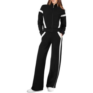 XIEERDUO Lounge Sets for Women 2025 Sweatsuit 2 Piece Outfits Sweatshirt Wide Leg Sweatpant Tracksuit Matching Set (Medium, Black+white)