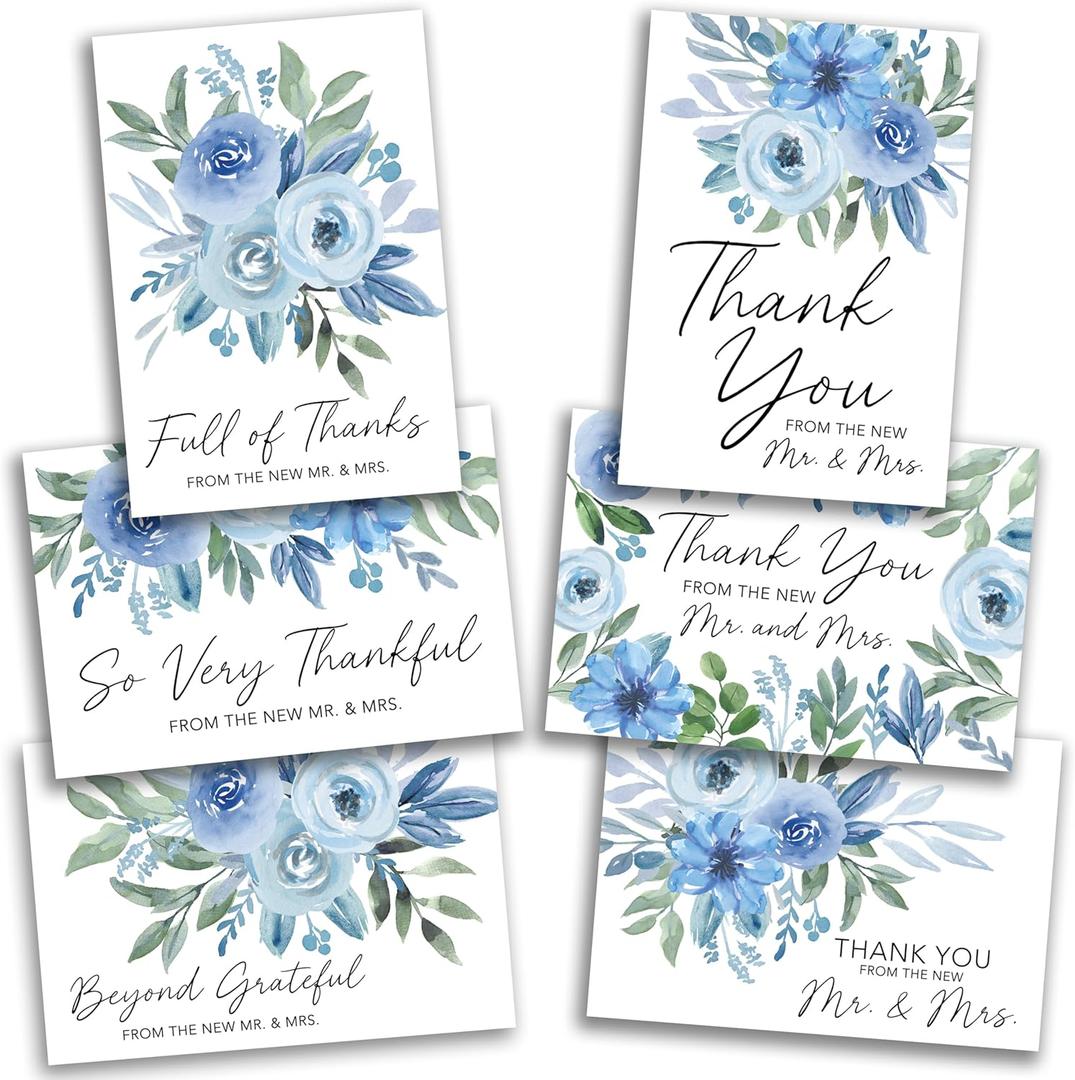Hadley Designs 54 Blue Floral Wedding Thank You Cards With Envelopes Wedding - Bulk Thank You Cards With Envelopes, Elegant Thank You Card, Thank You Notes Card Bulk