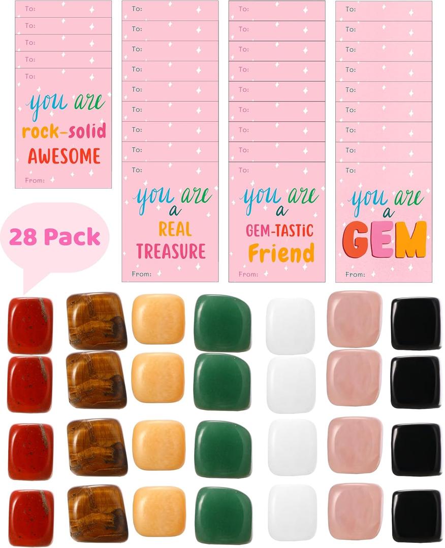 QianCannaor Valentines Day Gifts for Kids Classroom  28 Pack Non-Candy Valentines with Crystals & Gemstones, School Valentine Exchange Cards, Educational Classroom Party Favors for Boys & Girls