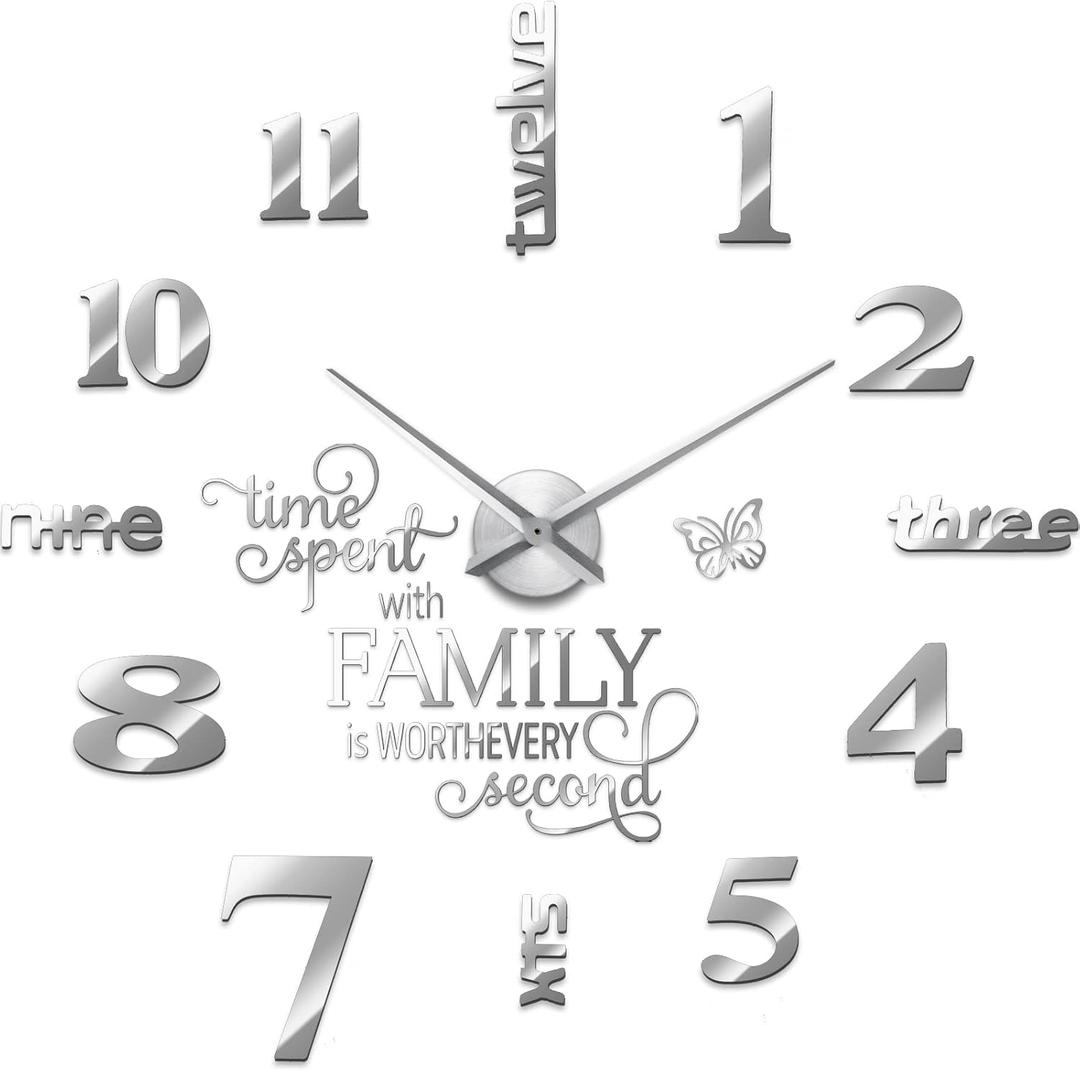 Junkin 3D Large Frameless DIY Wall Clock Modern Decor Family Quote Wall Stickers Clock Kit for Home Living Room Bedroom Office Decorations Adjustable Size(Silver)