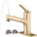 Pull Out Bathroom Faucet, Single Handle Bathroom Sink Faucet with Pull Out Sprayer, Bathroom Faucet for Sink, with Pop-up Drain & Deck Plate 1 or 4-inch Centerset 3 Hole, Gold