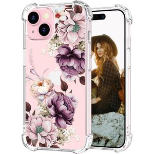 Hungo Compatible with iPhone 15 Case for Women Floral Flower Clear Design Cute,Girly Girls Flower Case Compatible with Phone 15 Pink Rose