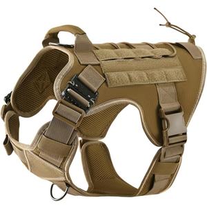 Tactical Dog Harness, 2X Metal Buckle, Military Reflective Dog Harness with Hidden Airtag Holder and Handle, Adjustable No-Pull Service Dog Vest with Molle & Loop Panels (Khaki)
