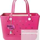 X-Large Beach Rubber Tote Bag with Accessories Charms and Insert Waterproof Pouch, Women Multipurpose Lightweight Washable Original Handbag for Outdoor Activities, Modern Travel Sports