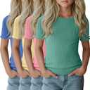 LessonZoo 4 Pack Girls Short Sleeve Tops Ribbed Cotton Lettuce Trim T Shirts Crew Neck Cute Basic Tees for Kids Teen 5-14Y(Blue, Pale Yellow, Pink, Peacock Green,13-14y)