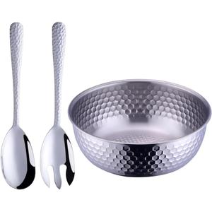 Stainless Steel 80 oz Large Salad Bowl sets with Serving Utensils 12 Inch Salad Spoon and Fork Serving set, Fruit Salad Mixing Bowl Server set of 3, for Hosting Party Kitchen Essentials (Silver)