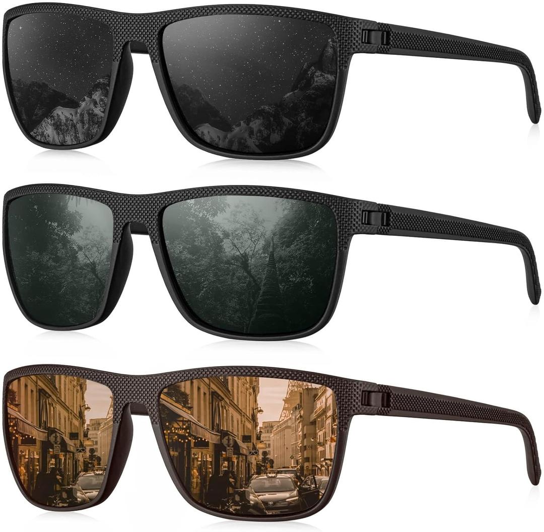 KALIYADI Polarized Sunglasses for Men, Lightweight Sun Glasses with UV Protection for Driving Fishing Golf ((3 Pack) Black/G15/Brown)