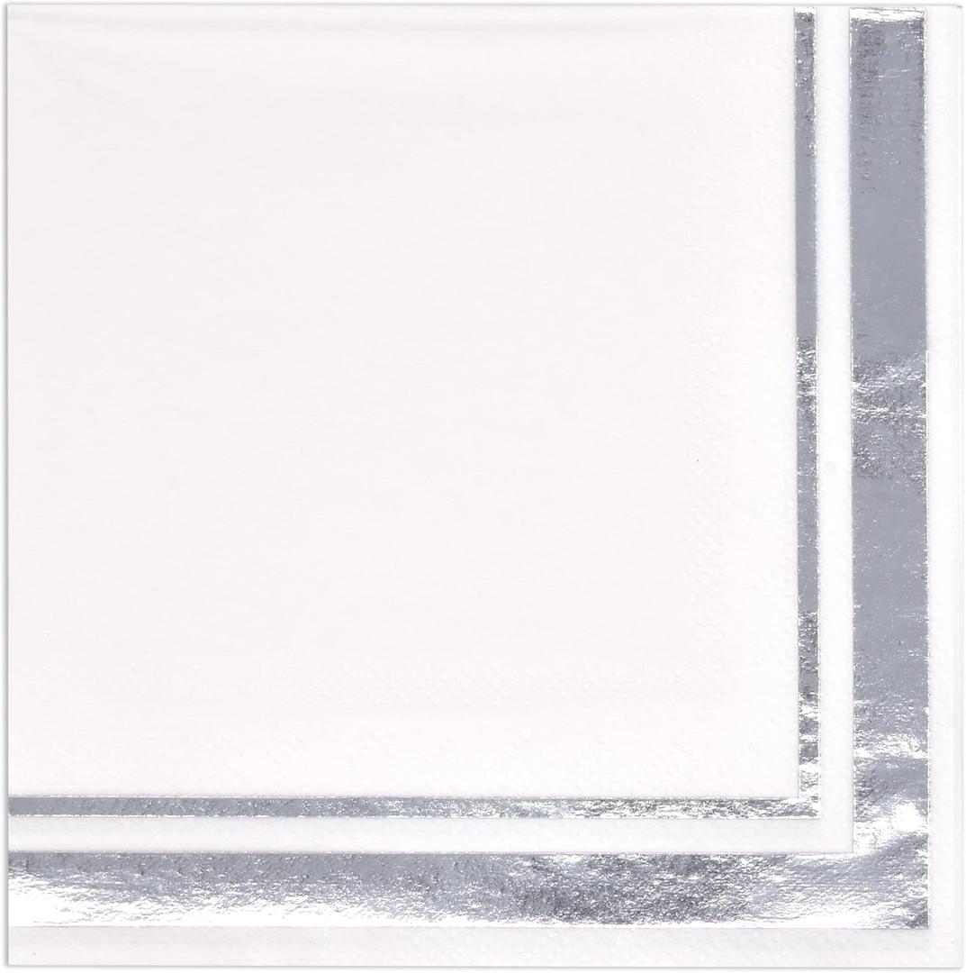 120 White and Silver Cocktail Napkins, 3 Ply Disposable Beverage Napkins with Silver Foil Border for Wedding Party Dinner Decor
