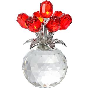 Red Rose Flower Crystal Figurine with Vase, Bouquet Flowers Ornament Gifts for Wife Girlfriend Women , Handmade Crystal Flower Collectible Home Table Decor for Valentine's Day Wedding Anniversary