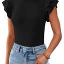 KIRUNDO Summer Sweaters for Women Lightweight 2025 Fall Ruffle Short Sleeve Business Casual Tops Slim Soft Knit T Shirts(Black, X-Large) (Black, XL)