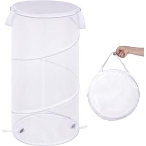 BATTOO Collapsible Laundry Basket with Lid Foldable Mesh Pop Up Hamper with Handles for Laundry Room, Bathroom, Kids Room, College Dorm, Travel, Storage Organizer White