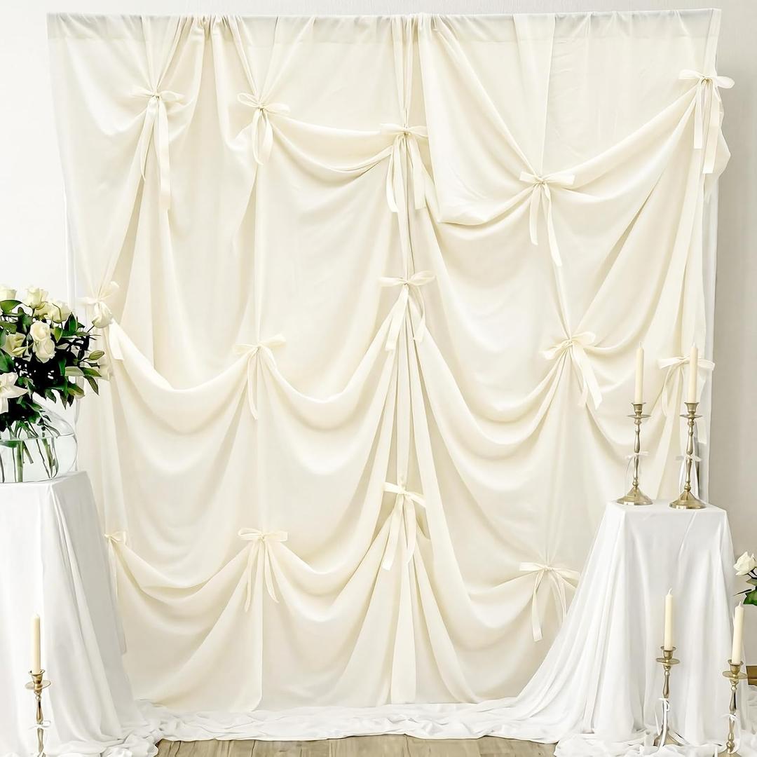 Tingjoo 2 Panels 10x10ft Ivory White Bow Wedding Backdrop Drapes Curtain Coquette Bow Wedding Backdrop Curtain Satin Soft Draping Fabric Photobooth Background Birthday Bridal Shower Party Decoration