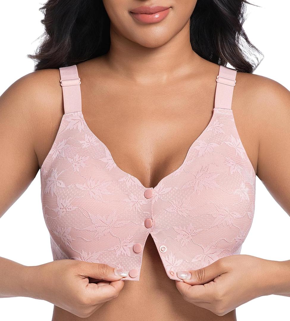 Front Closure Daisy Bras for Women No Underwire Comfort Lace Older Senior Wireless Snap Closing Bra (Large, Pink)