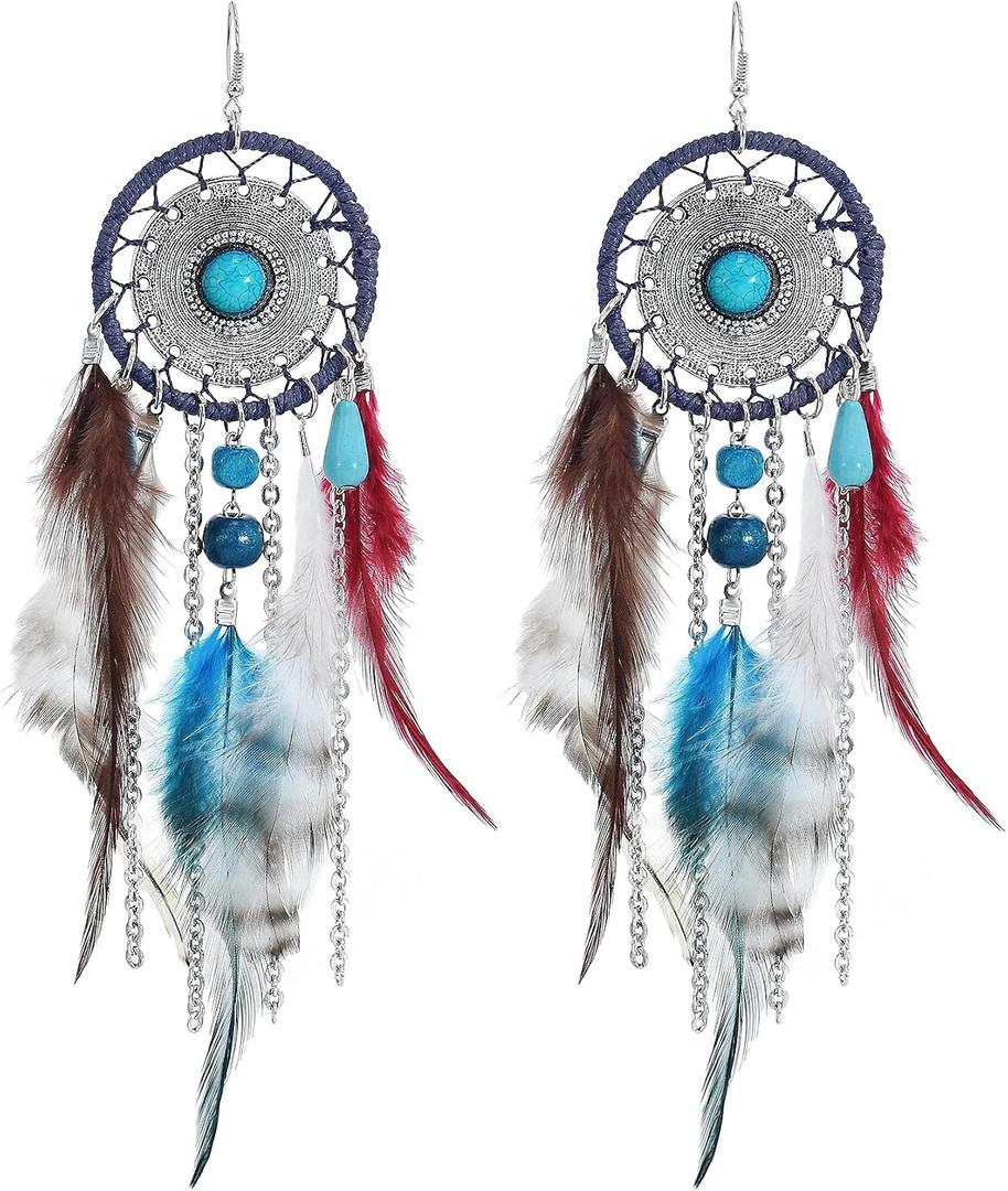 Punk Vintage Long Tassel Feather Beads Drop Wolf Tooth Pendant Earring Fish Hook Earrings Suitable to Wear At All Times