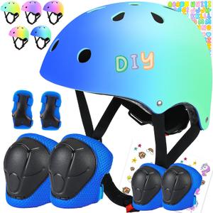 Color Gradient Kids Bike Helmet and Pads Adjustable Helmet for Kids Protective Gear Set with Elbow Knee Pads Wrist Guards for Cycling Bicycle (Medium: 21.7"-22.8" /55-58cm, BlueBlueGreen-2)