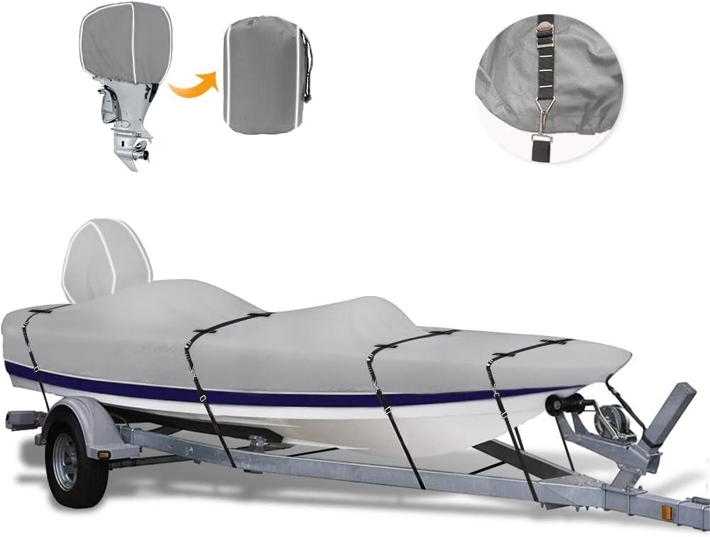 900D Bass Boat Cover - Trailerable Bass Tracker Boat Cover, Waterproof Bass Tracker Cover with Motor Cover Fits Bass Boat, V-Hull Tri-Hull Boat, 16-18.5' Long (Beam Width up to 98"), Grey