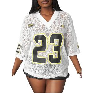 Verdusa Women's Floral Lace Jersey Shirts V Neck Graphic Tees Half Sleeve Loose Summer Tops (White, S)