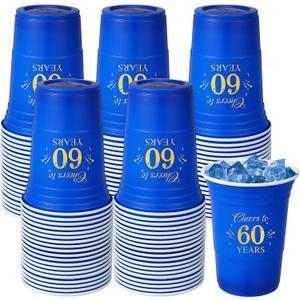 Ziliny 50 Pack 60th Birthday Cups 16 oz Cheers to 60 Years Disposable Plastic Cups Gold and Blue Birthday Party Hot Cold Drinks Tool for Party Wedding Anniversary Supplies Decorations
