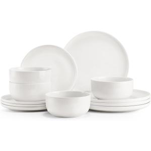 Jassceram Plates and Bowls Sets, 12-Piece Porcelain Dinnerware Sets for 4, Premium Chip and Scratch Resistant Dish Set, Microwave and Dishwasher Safe, Stackable Kitchen Set, White